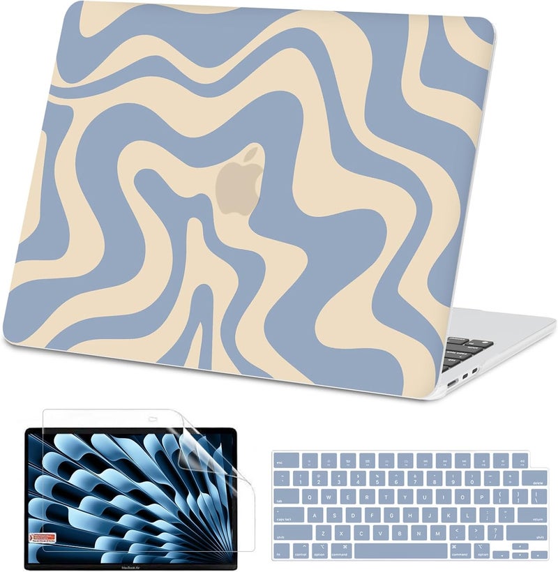 AKIT Compatible with MacBook Air 13 inch Case 2026 2025 2024-2022 M4 M3 M2 A3240 A3113 A2681, Unique Pattern Hard Shell Laptop Case+Screen Protector+Keyboard Cover for Mac Air 13.6 inch, Blue Wave - Image 1